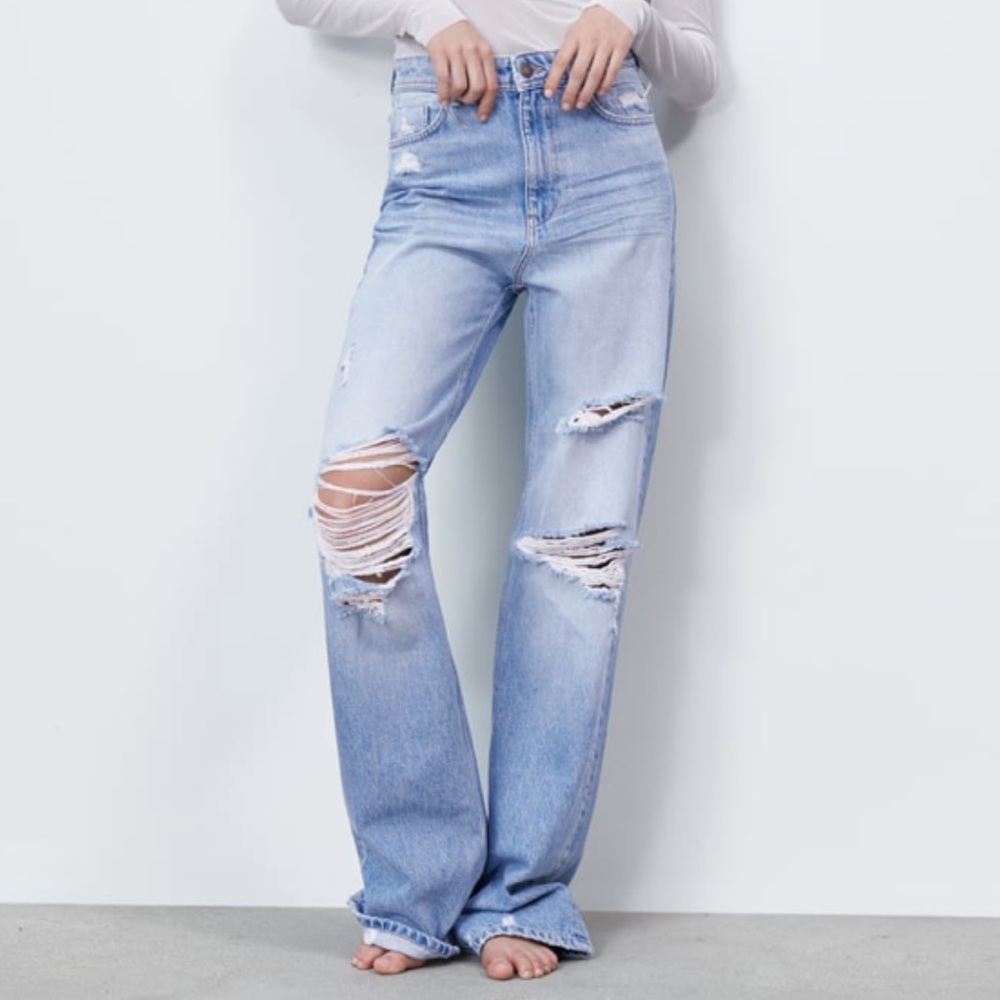 ZARA FULL LENGTH RIPPED JEANS - MID-BLUE